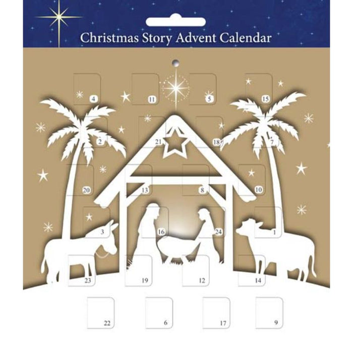 Nativity Scene Outlined Silhouette, Advent Calendar Card With Words and Pictures, Size 20cm Square LIMITED STOCK