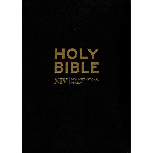 Holy Bible New International Version (NIV) in a black hardcover with gold foil lettering, shown against a plain white background.