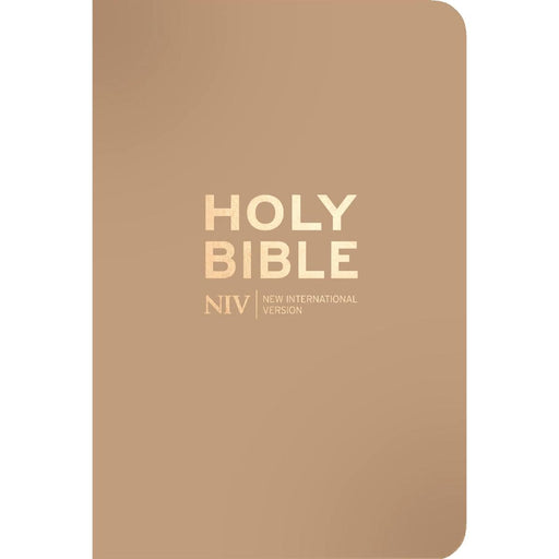 A minimalist Holy Bible cover in a warm Latte, tan or camel color with gold foil lettering that reads 'HOLY BIBLE' and 'NIV NEW INTERNATIONAL VERSION'.