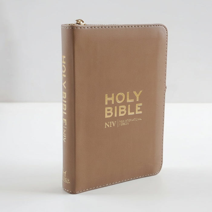 A brown leather Holy Bible with gold foil lettering and a gold zipper, standing upright on a white surface against a light gray background.