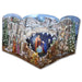 Hand-painted wooden Nativity scene backdrop with a snowy mountain cave setting, featuring Mary, Joseph, baby Jesus, angels, wise men, and shepherds.