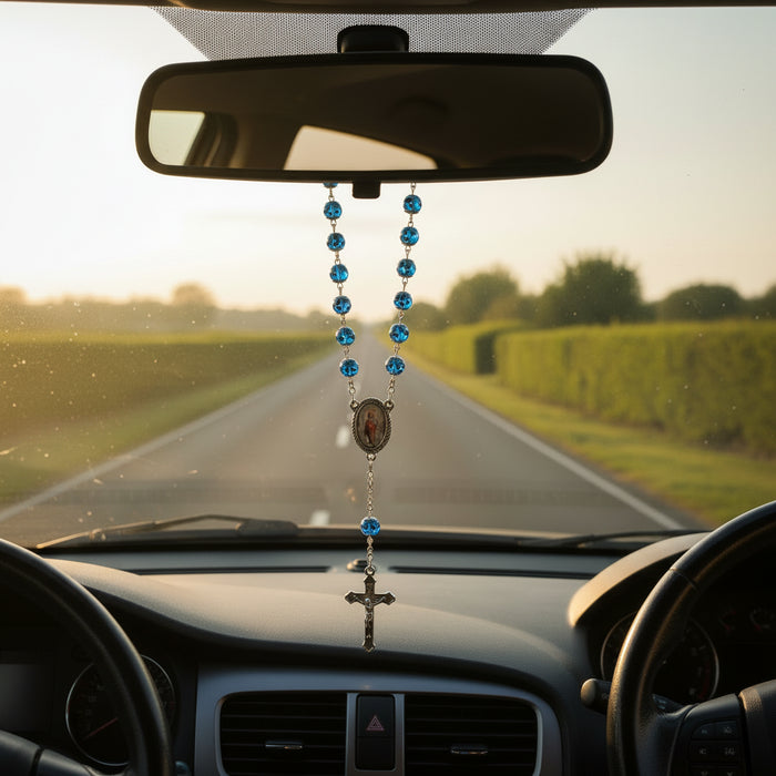 One Decade Car Rosary, Blue Glass Beads