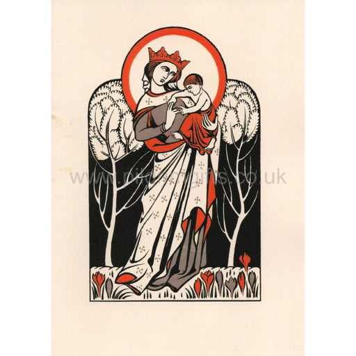 Artistic depiction of a woman holding a child with decorative elements on a beige background