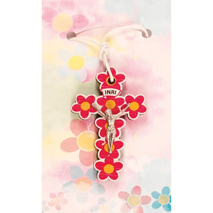 Pink/Red Wooden Crucifix 5cm / 2 Inches High, On a 76cm / 30 Inch Cord