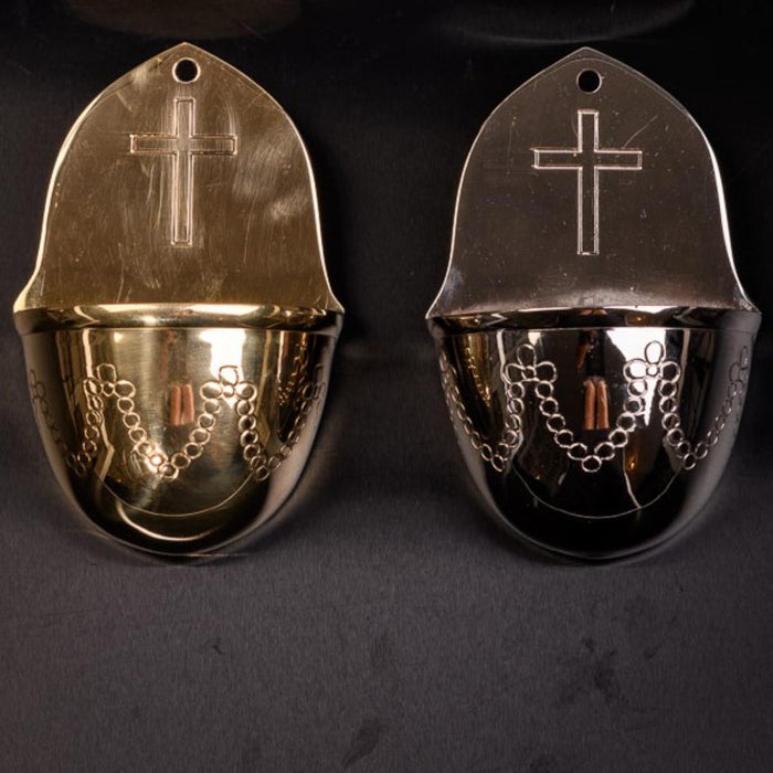 Holy Water Font - Nickel Silvered Brass, Plain Cross Design Size 13cm / 5 Inches High