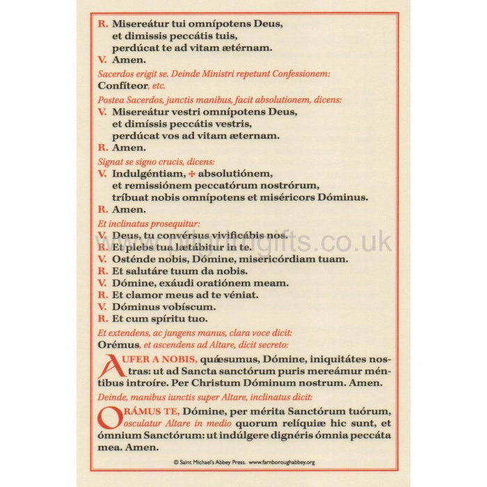 Prayers at the Foot of the Altar, In Latin - A5 Size Laminated Altar Card Printed On Both Sides