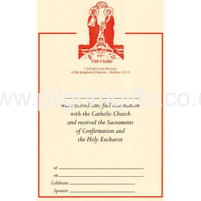 Reception In To The Catholic Church Certificate, Christ and Peter Design Pack of 5 A4 Size
