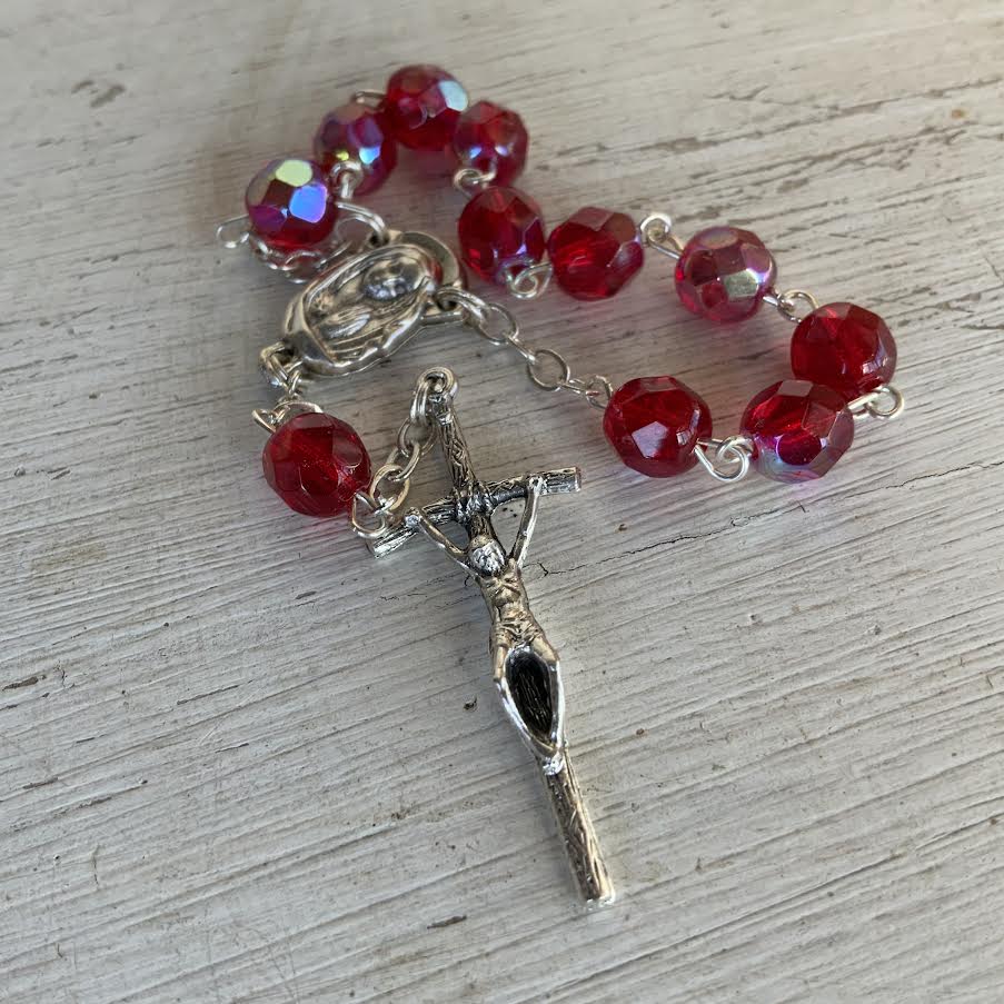 One Decade Ruby Red Crystal Glass One Decade Rosary, With Mother and Child Junction ...