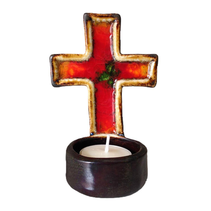 Red Glazed Ceramic Cross Candle Holder or Holy Water Holder 12.8cm / 5 Inches High Handmade In The UK
