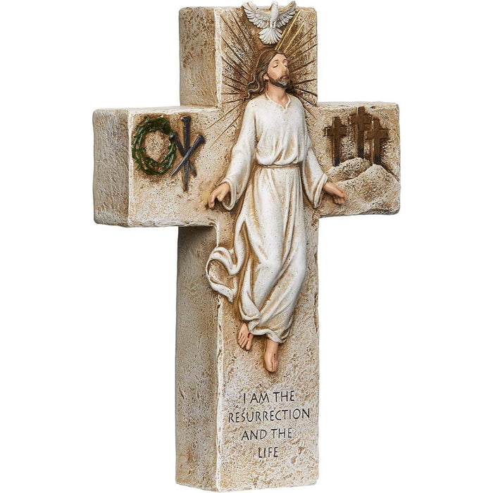 Resurrection Wall Cross With Engraved Bible Verse John 11:25, Size 25cm / 10 Inches High Resin Cast Handpainted Cross, by Joseph's Studio