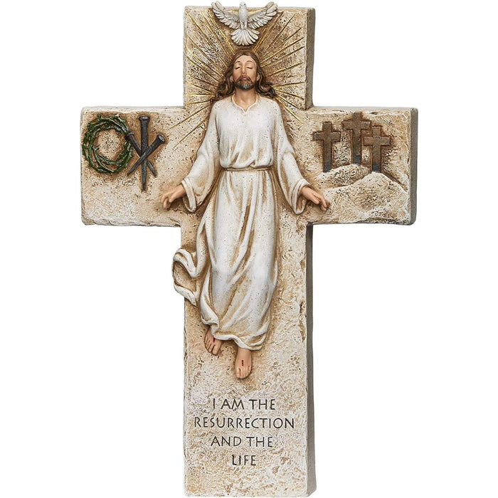 Resurrection Wall Cross With Engraved Bible Verse John 11:25, Size 25cm / 10 Inches High Resin Cast Handpainted Cross, by Joseph's Studio