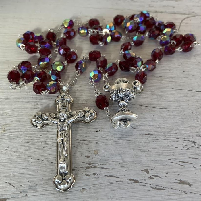 Ruby Red Crystal Glass Rosary, Detailed Crucifix and Chalice Design Junction