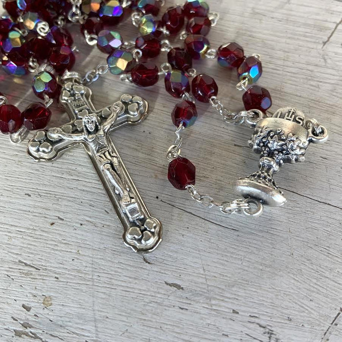Ruby Red Crystal Glass Rosary, Detailed Crucifix and Chalice Design Junction