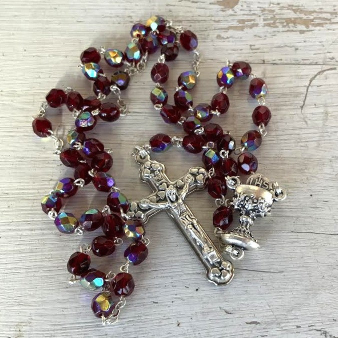 Ruby Red Crystal Glass Rosary, Detailed Crucifix and Chalice Design Junction