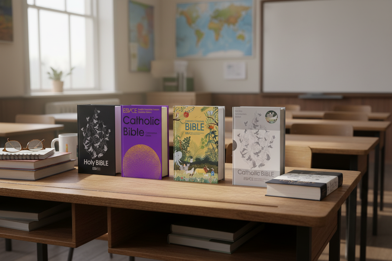School Bibles on a Classroom Desk