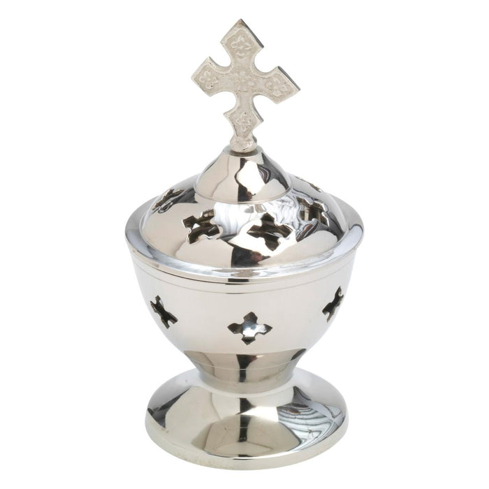 Silver Plated Brass Incense Burner With Cross Finial, 14cm / 5.5 Inches High