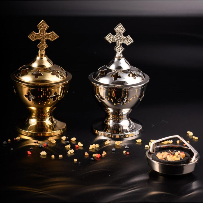 Silver Plated Brass Incense Burner With Cross Finial, 14cm / 5.5 Inches High