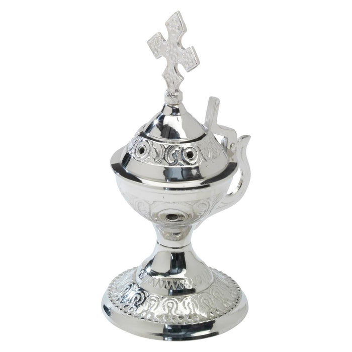 Silver Plated Brass, Traditional Design Incense Burner With Cross Finial, 15cm / 6 Inches High