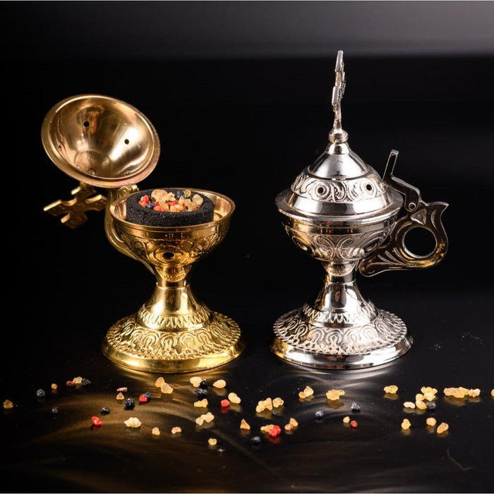 Silver Plated Brass, Traditional Design Incense Burner With Cross Finial, 15cm / 6 Inches High