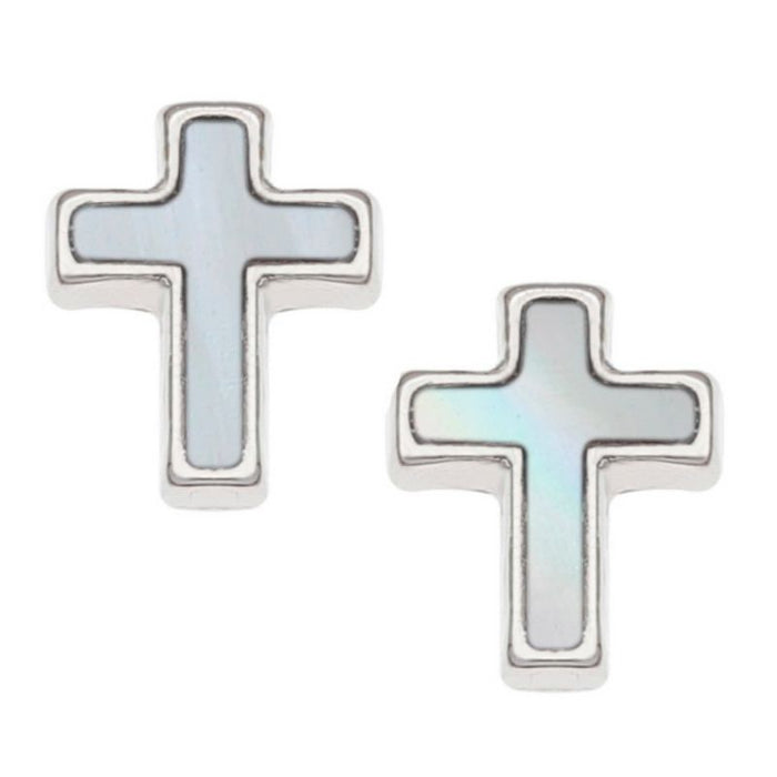 Small Cross Inlaid Mother of Pearl Stud Earrings 9mm In Length