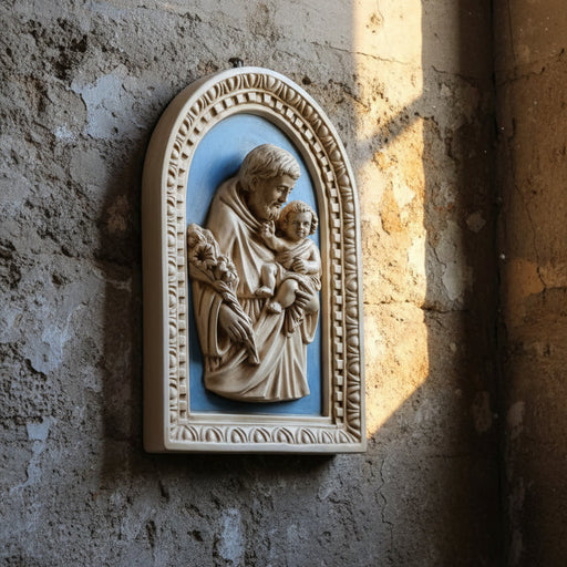 Decorative plaque with a religious scene of a man holding a child against a blue background, framed in beige.