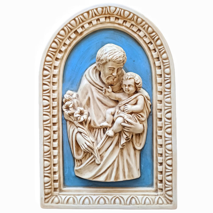 St. Joseph and Child - Della Robbia Blue and White Ceramic Plaque 54.5cm / 21.5 Inches High