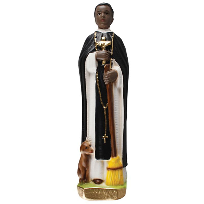 Statue of a religious figure with a dog and broom on a white background