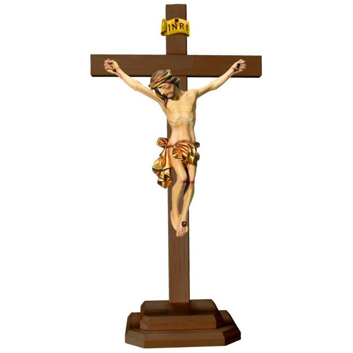 Standing Carved Crucifix, Body of Christ with a Gilded Loincloth Set on a Dark Coloured Cross, Available In 8 Sizes