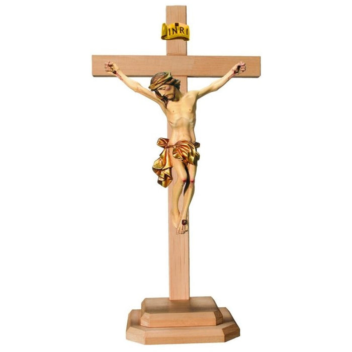 Standing Carved Crucifix, Body of Christ with a Gilded Loincloth Set on a Light Coloured Cross, Available In 8 Sizes