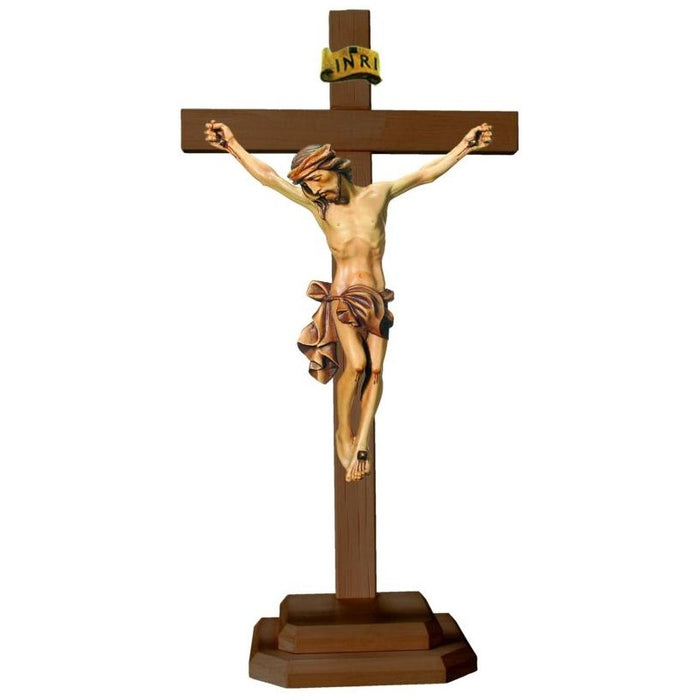 Standing Carved Crucifix, Body of Christ with Natural Coloured Loincloth Set on a Dark Coloured Cross, Available In 8 Sizes