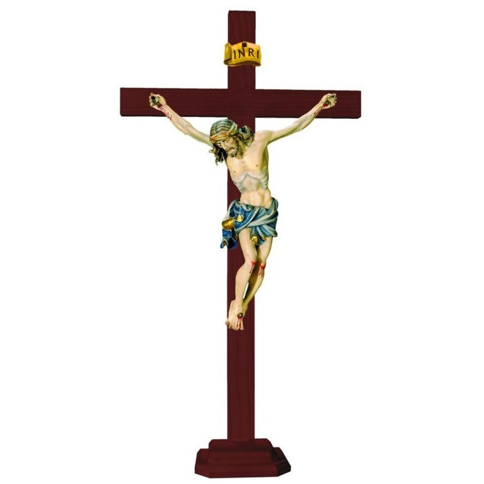 Standing Crucifix, Baroque Style Body of Christ With Blue Loincloth, Set on a Dark Wooden Cross, Available In 7 Sizes