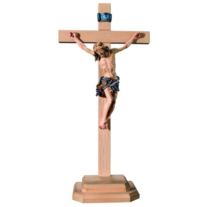 Standing Crucifix, Baroque Style Body of Christ With Blue Loincloth, Set on a Light Coloured Cross, Available In 7 Sizes