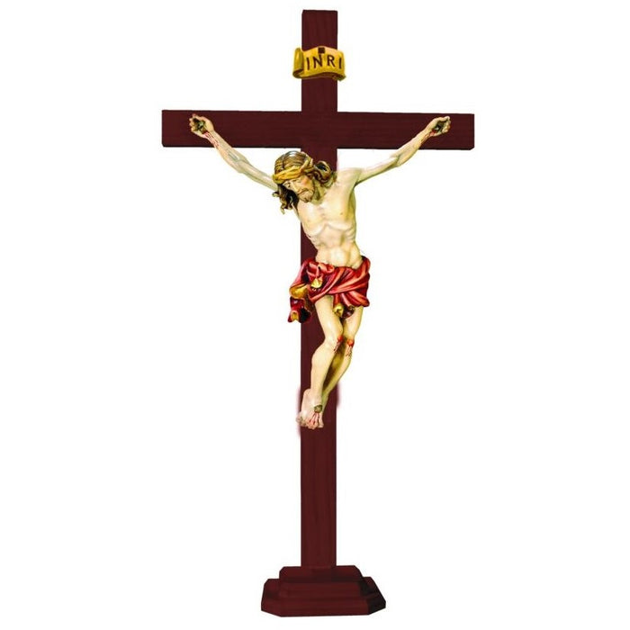 Standing Crucifix, Baroque Style Body of Christ With Red Loincloth, Set on a Dark Wooden Cross, Available In 7 Sizes