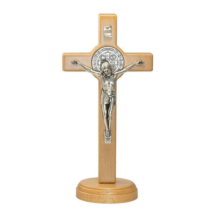 Standing Wooden Crucifix - With Saint Benedict Medal On the Front and Back of Cross, 21cm / 8.5 Inches High
