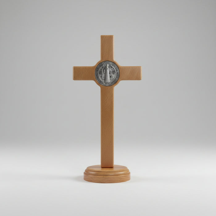Standing Wooden Crucifix - With Saint Benedict Medal On the Front and Back of Cross, 21cm / 8.5 Inches High