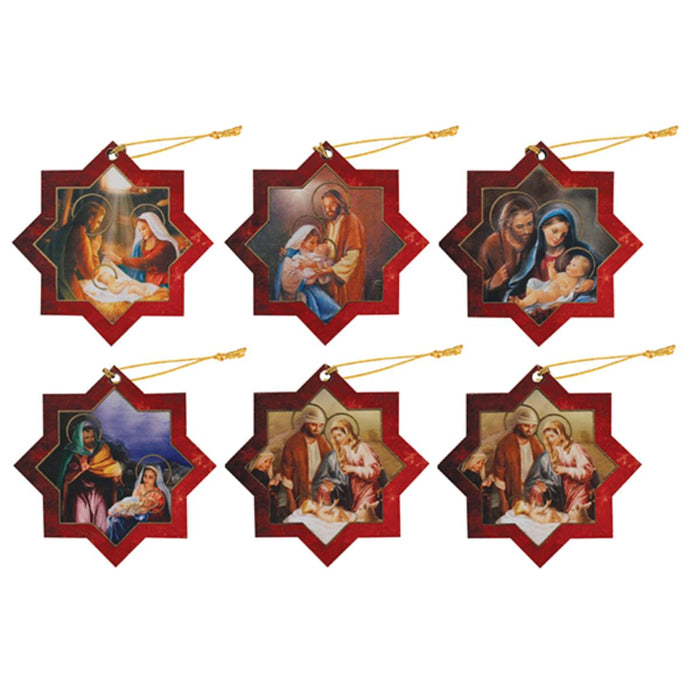 Star Shaped Nativity Christmas Tree Decorations, Pack of 6 With Gold Hanging Cord & Gold Foil Highlights 5cm High