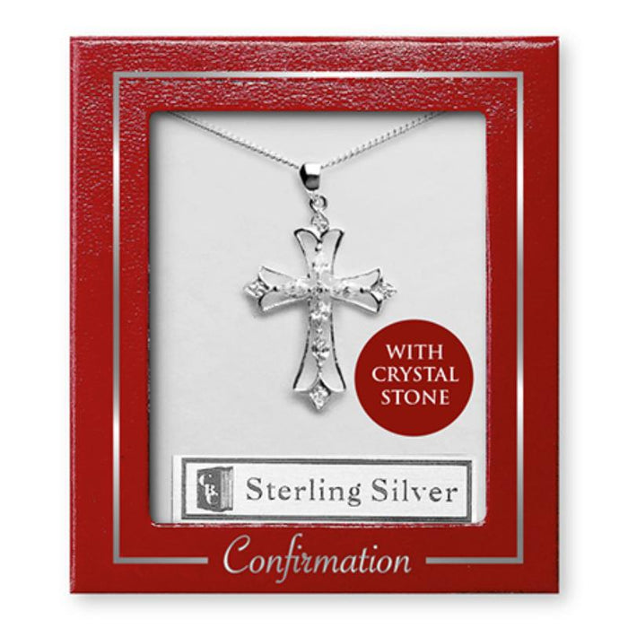 Sterling Silver Confirmation Filigree Cross With Crystal Stone - 26mm High Complete With 18 Inch Chain