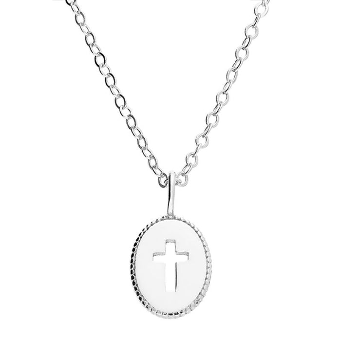 Sterling Silver Cross Necklace, Cut Out Cross Disc Complete With Extender Trace Chain 42-45cm