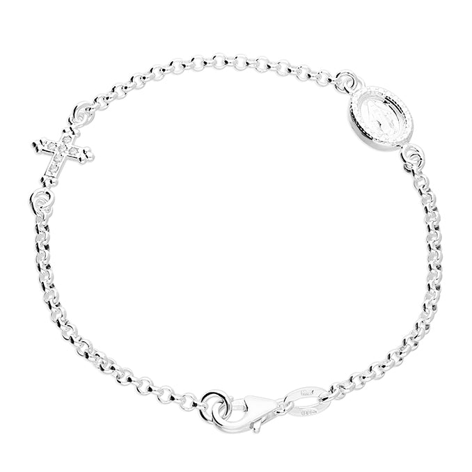 Sterling Silver Miraculous Medal And Cross Bracelet