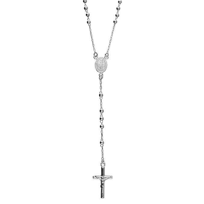 A silver rosary necklace featuring a detailed oval medallion, small round beads, and a crucifix pendant.