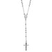 A silver rosary necklace featuring a detailed oval medallion, small round beads, and a crucifix pendant.