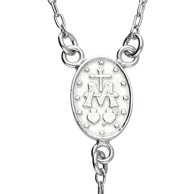 Silver rosary pendant necklace featuring an oval miraculous medal with a cross and monogram 'M' surrounded by small stars, suspended from a link chain on a white background.