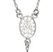 Silver rosary pendant necklace featuring an oval miraculous medal with a cross and monogram 'M' surrounded by small stars, suspended from a link chain on a white background.