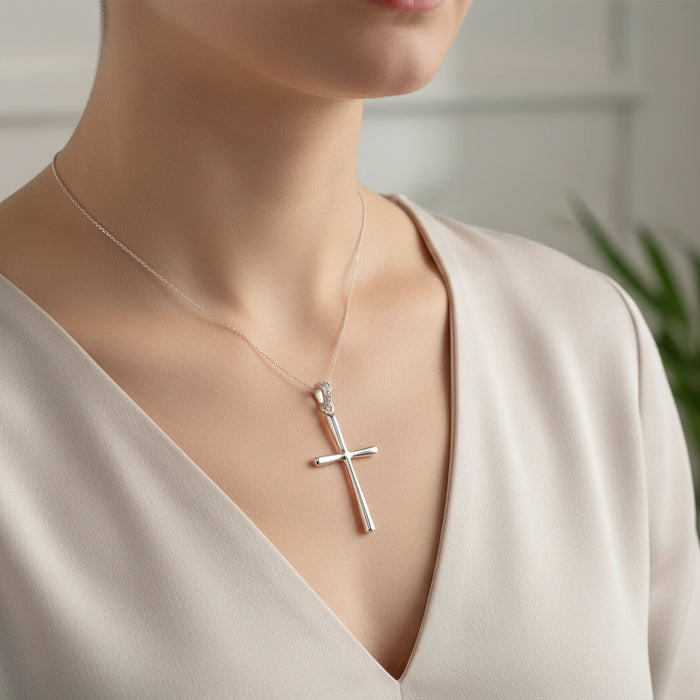 Sterling Silver Pendant - Plain Cross with Cubic Zirconia Bale - Height 35mm
