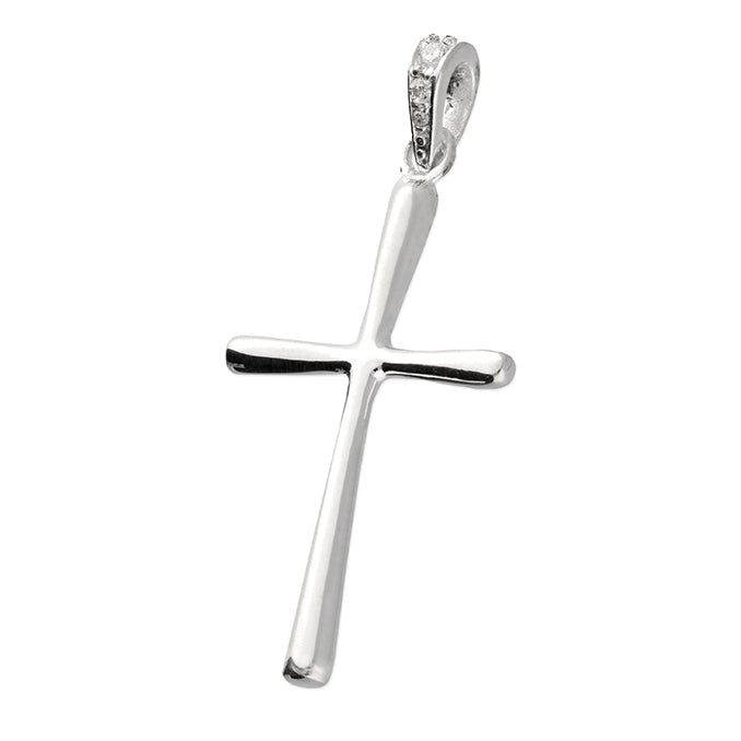Sterling Silver Pendant - Plain Cross with Cubic Zirconia Bale - Height 35mm