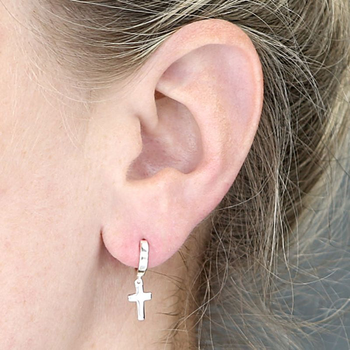 Sterling Silver Plain Cross Earrings On 10mm Hinged Huggie Hoop