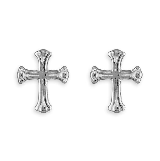 A pair of polished silver cross stud earrings on a clean white background.