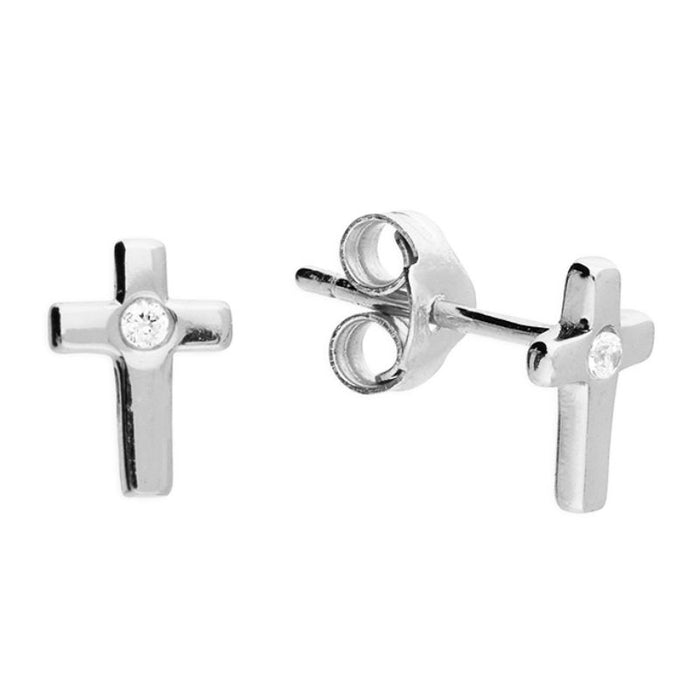 Sterling Silver Small Cross Studs Earrings, Set With a Single Centered Cubic Zirconia Stone 8mm In Length