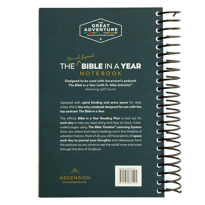 Notebook titled 'The Bible in a Year' with spiral binding on a white background
