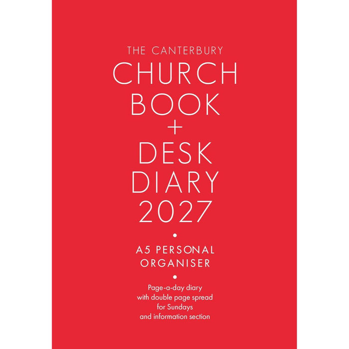Red cover of The Canterbury Church Book + Desk Diary 2027 with white text.
